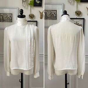 Vintage Ivory Voile Mock Neck Blouse Pleats S